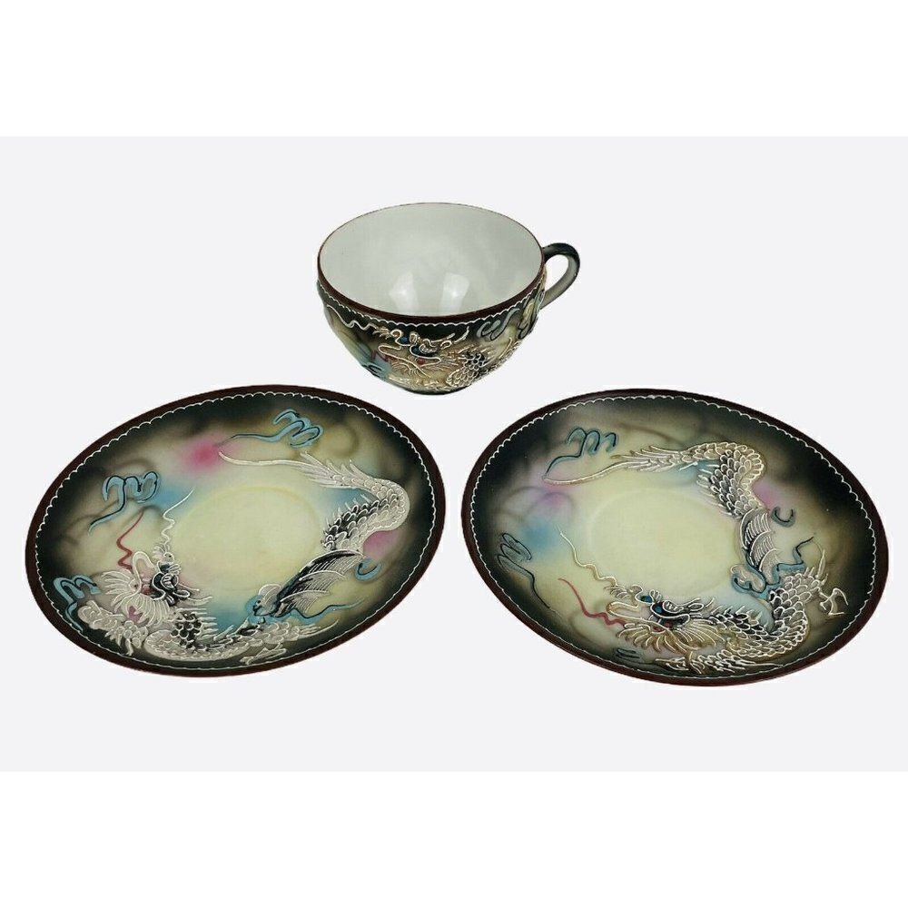 Vintage Dragonware Moriage Teacup and 2 Saucers Hand Painted Japan Blue Eyes 3D